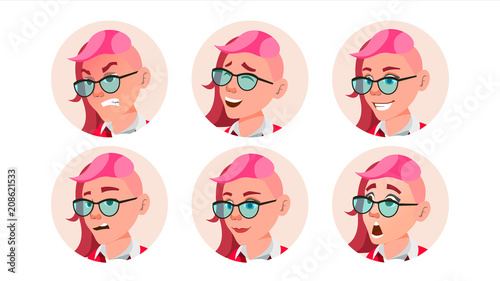 Avatar Woman Vector. Facial Emotions. Round Portrait. Stylish Face. Angry, Smile. Emo, Freak Hairstyle. Pink. Image. Flat Cartoon Character Illustration