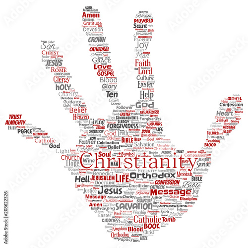 Vector conceptual christianity, jesus, bible, testament hand print stamp  word cloud isolated background. Collage of teachings, salvation resurrection, heaven, confession, forgiveness, love concept