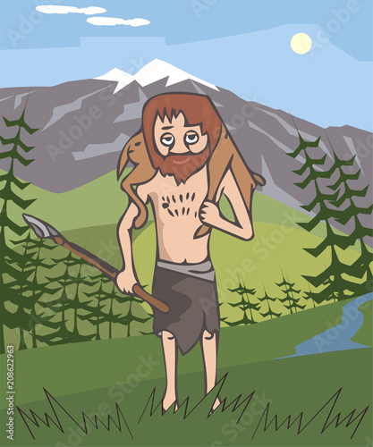 ancient hunter with prey at wild nature background