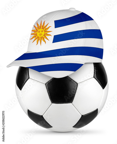 Classic black white leather soccer ball uruguay uruguayan flag baseball fan cap isolated background sport football concept