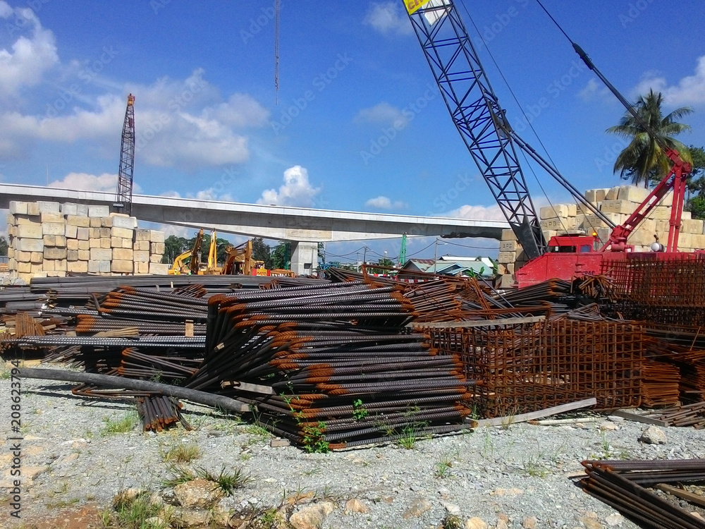 Construction workers working at the steel reinforcement bar bending