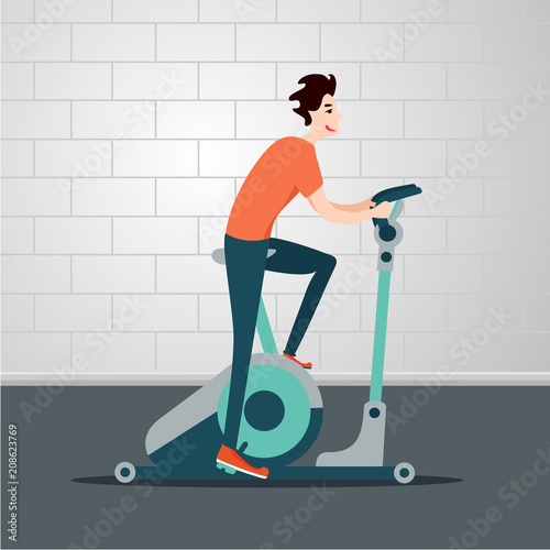 Stationary bicycle. Young man is cycling on a exercise bike. Indoor exercise cartoon flat illustration. Sport people vector clipart.