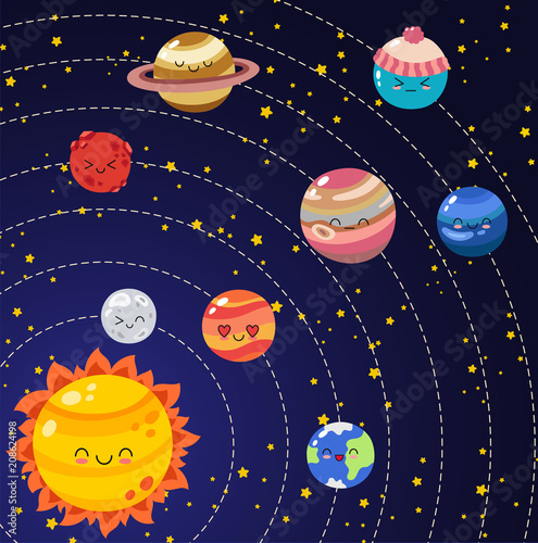Set of vector doodle cartoon icons planets of solar system. Comic colored funny characters. Children education. Wallpaper, background, symbols, template for web design, greeting card, cover, poster