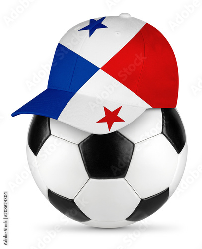 Classic black white leather soccer ball panama panamanian flag baseball fan cap isolated background sport football concept