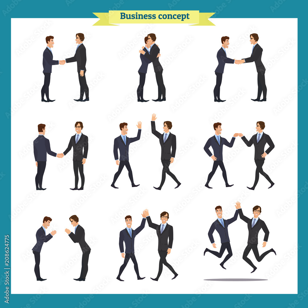 Man's handshake. Business people teamwork, set of Businessmen in different poses, standing, arms crossed, handshaking, cartoon flat-style vector illustration isolated. Man's handshake. Business people teamwork, set of Businessmen in different poses, standing, arms crossed, handshaking, cartoon flat-style vector illustration isolated.