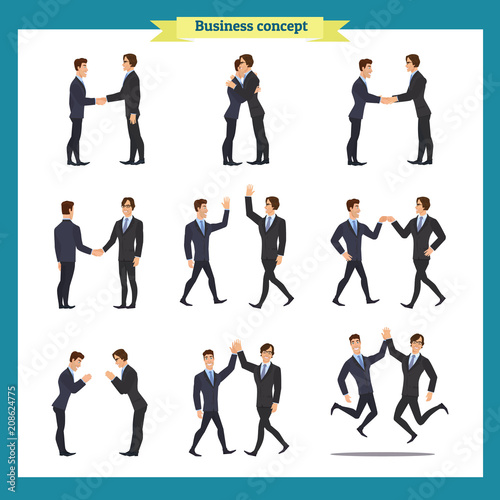 Man's handshake. Business people teamwork, set of Businessmen in different poses, standing, arms crossed, handshaking, cartoon flat-style vector illustration isolated. 
