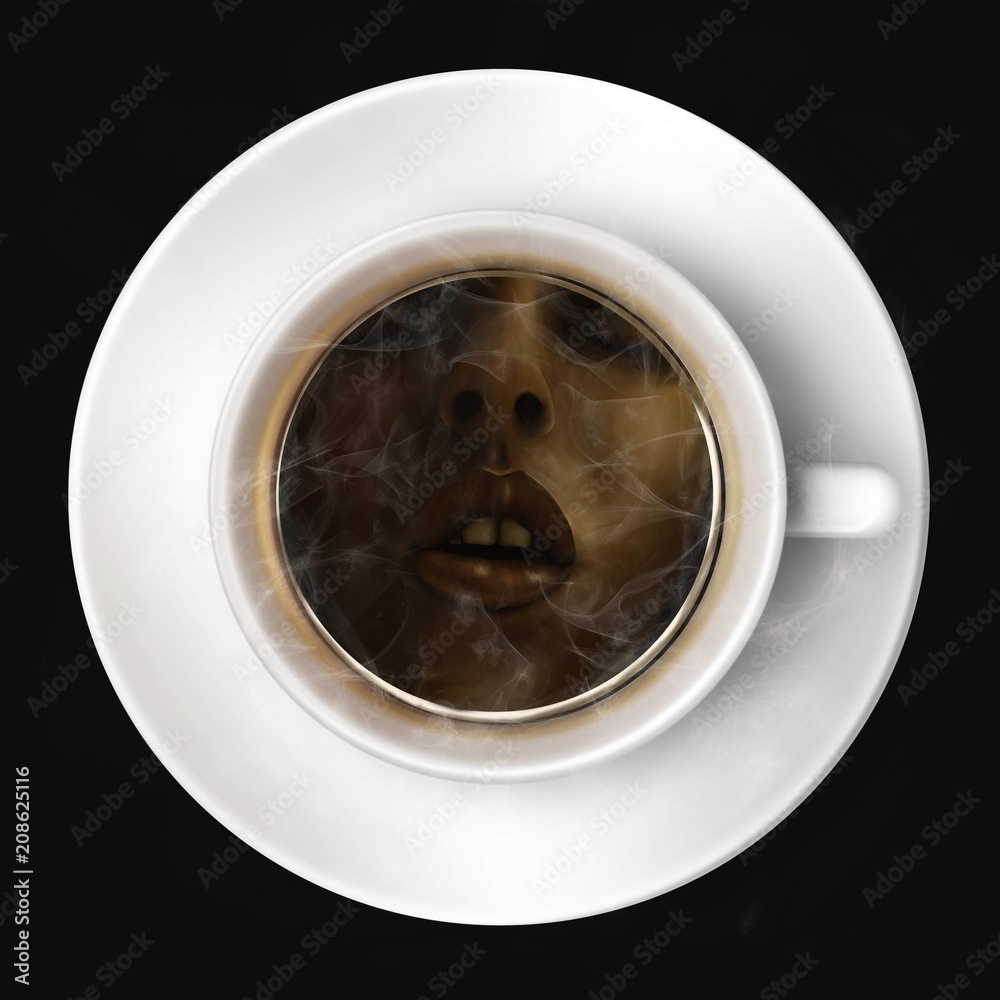 Pause café : un visage de femme se reflète dans une tasse de café. Elle  semble apprécier
