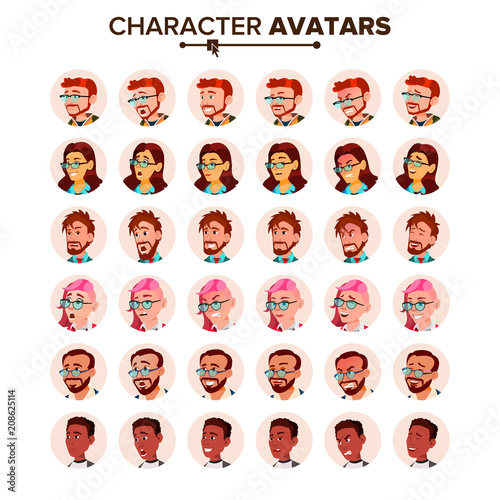 People Avatar Set Vector. Man, Woman. Human Emotions. Anonymous Male, Female. Icon Placeholder. Person Shilouette. User Portrait. Comic Emotions. Handsome Manager. Flat Cartoon Character Illustration