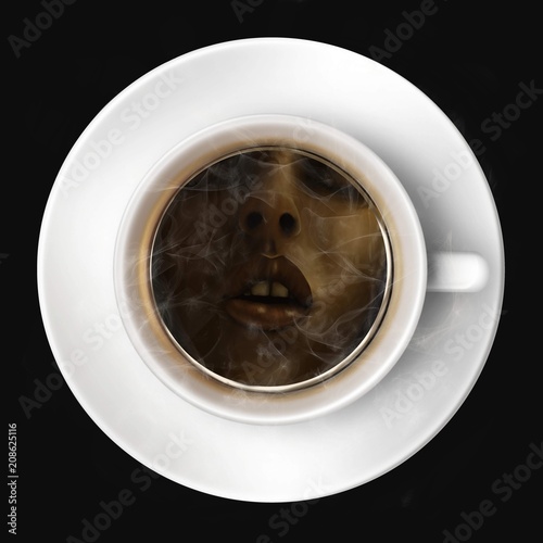 Fotografía Pause café : un visage de femme se reflète dans une tasse de café