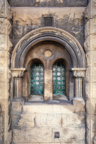 Vintage window with lattice in old historic building in Melbourne - architectural detail closeup