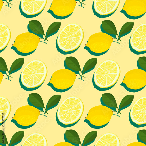Trendy minimal summer seamless pattern with whole, sliced fresh fruit lemon on color background