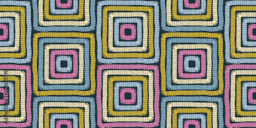 Seamless squares, geo, geometric pattern, seamless background, colorful fabric print, embroidery pattern, vector graphic design for wrapping paper, desktop, website, home textile, clothes design