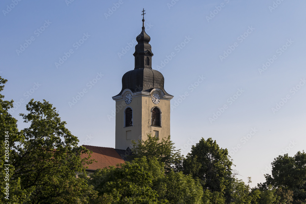 The Ozalj church bell tower. Church is located on top of the hill.