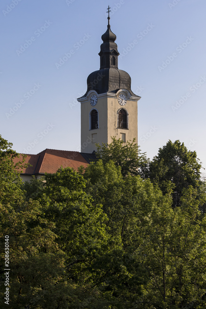 The Ozalj church bell tower. Church is located on top of the hill.