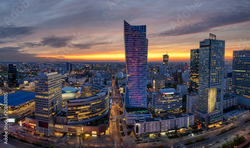 panoramic view of modern sentrum Warsaw during sunset photo