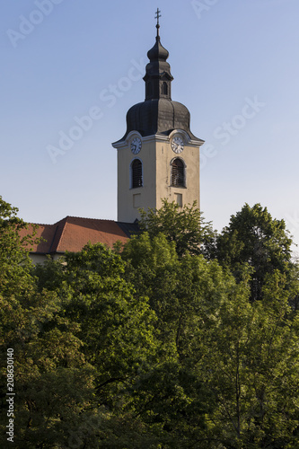 The Ozalj church bell tower. Church is located on top of the hill.