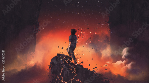man shattered into pieces standing a lava rock in surreal place, digital art style, illustration painting