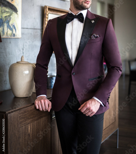 Принти на полотні Male model in custom tailored tuxedo, suit posing indoors