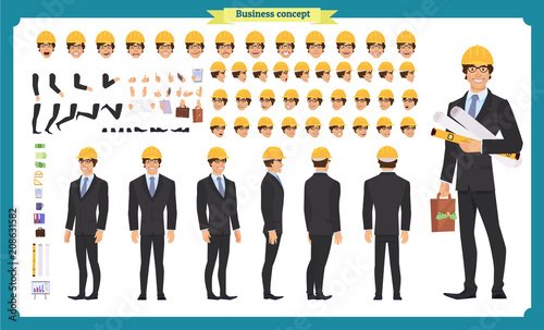 Male architect in business suit and protective helmet. Character creation set. 