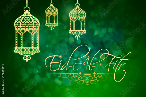 Eid-Al-Fitr background with golden lanterns on green