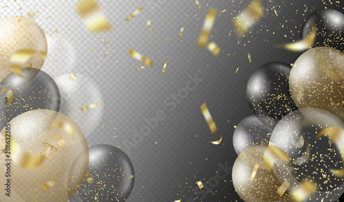 Transparent realistic balloons and golden confetti isolated on transparent background. Party decorations for birthday, anniversary, celebration, wedding, event design. Vector illustration.