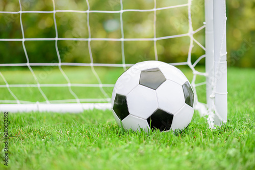 Classic football (soccer) ball on green grass ground in front of white goal with net