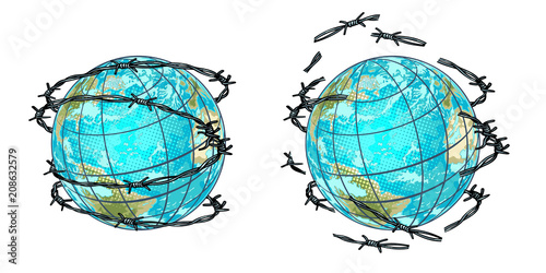 set planet earth in barbed wire and without