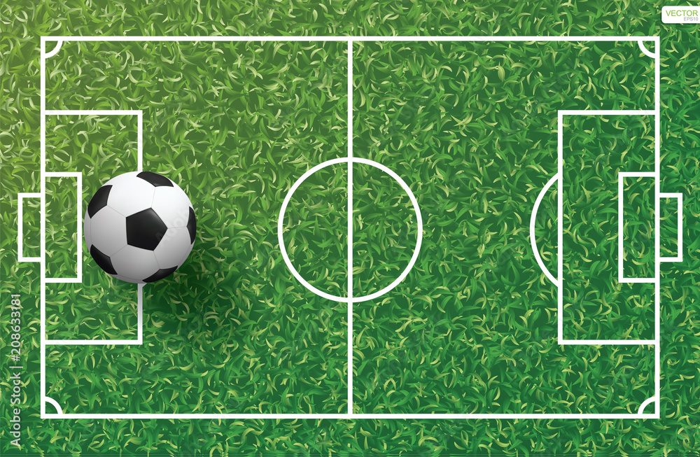 Soccer football ball on green grass of soccer field with line pattern and grass texture background. Vector. Soccer football ball on green grass of soccer field with line pattern and grass texture background. Vector.