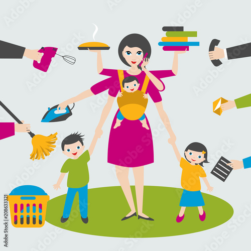 Multitask woman. Mother, businesswoman with children and bab yin sling, ironing, working, coocking and calling.