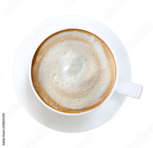 Top view of hot coffee latte cappuccino spiral foam isolated on white background, clipping path included