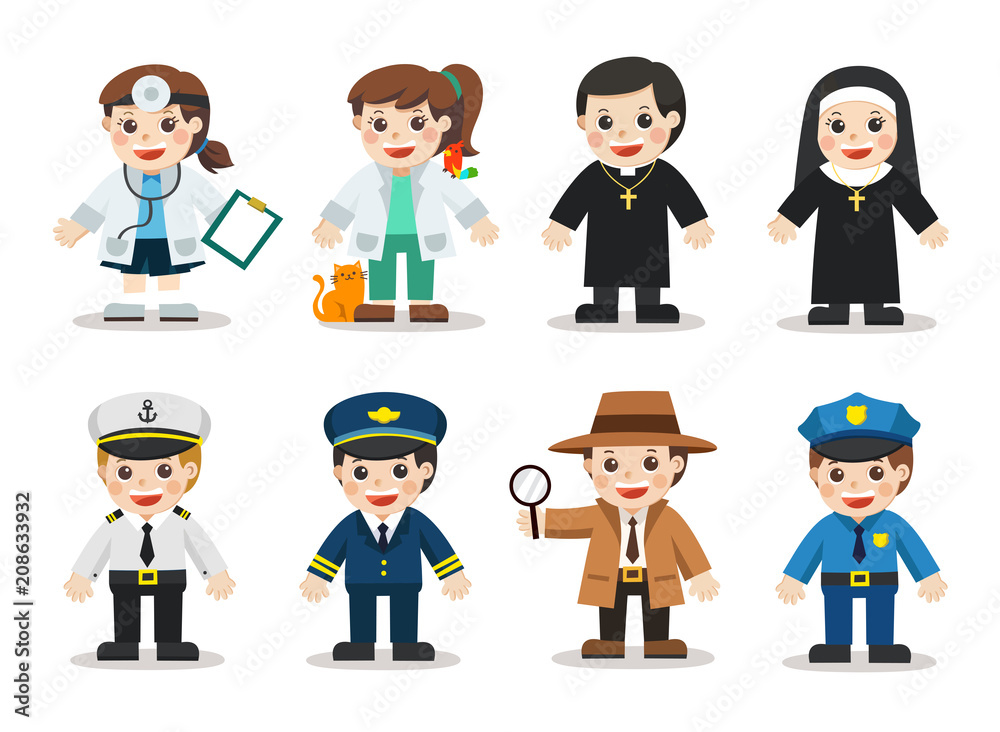 Kid Set of different professions. Doctor, Veterinary, Bishop, Nun, Police, Detective, Naval, Air Force. Vector illustration in a flat style Kid Set of different professions. Doctor, Veterinary, Bishop, Nun, Police, Detective, Naval, Air Force. Vector illustration in a flat style