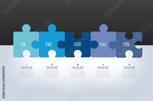 Puzzle infographic, steps chart, template, scheme, tab. Vector illustration.