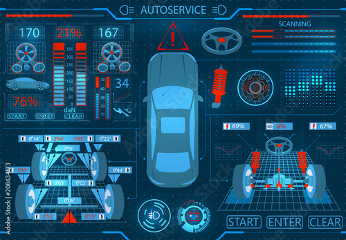 Car service. Scanning. Graphical interface. Diagnostic alignment of the wheels. Check of shock-absorbers, brake system and the steering mechanism. illustration