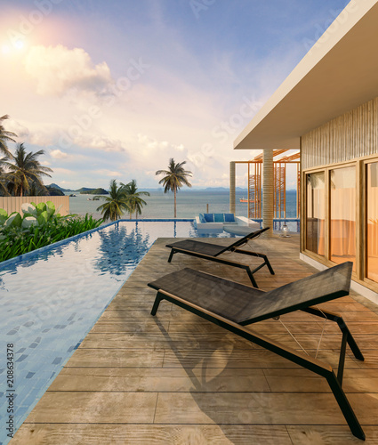 Beach house,Clear blue concept,3d rendering