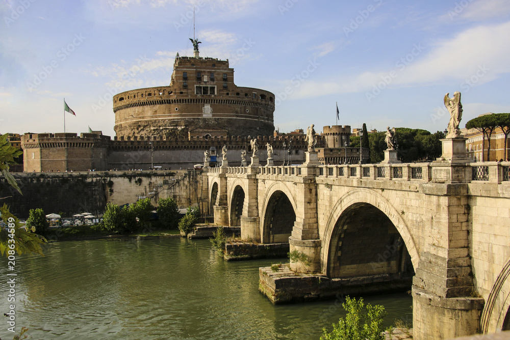 Saint Angel Castle and Saint Angel bridge over the Tiber river in Rome,Italy.