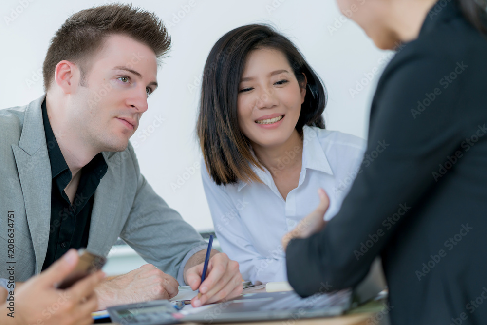 happiness sales agent happy and successful for project deal close with smart caucasian businessman sign paper contract happiness sales agent happy and successful for project deal close with smart caucasian businessman sign paper contract