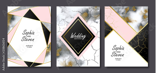 Wedding invitation cards with gold and grey marble watercolor texture and geometric shapes.Vector illustration.