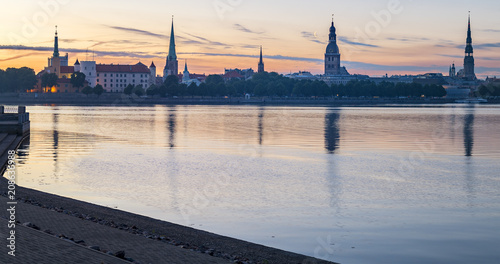 Embankment and historical center of Riga city at dawn, Latvia, Europe 