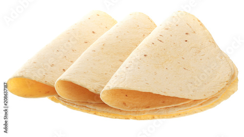 Yellow tortillas isolated on white background.