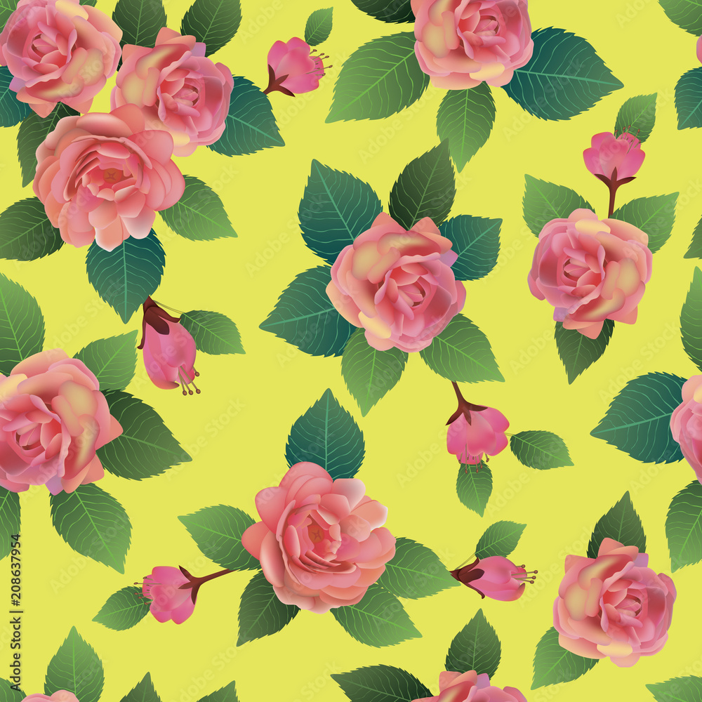 Vector seamless spring background with roses pink flowers with green and yellow leaves Vector seamless spring background with roses pink flowers with green and yellow leaves