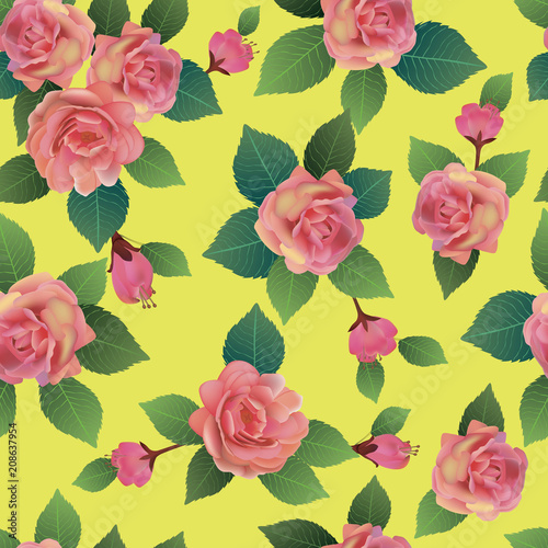 Vector seamless spring background with roses pink flowers with green and yellow leaves