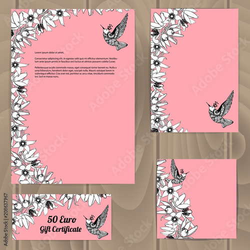 Templates with floral decoration and colibri bird.