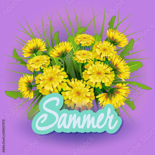 Fototapeta Naklejka Na Ścianę i Meble -  Vector illustration  Springtime on background with spring flowers. Dandelions