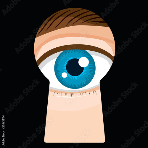Male eye looking through dark door keyhole