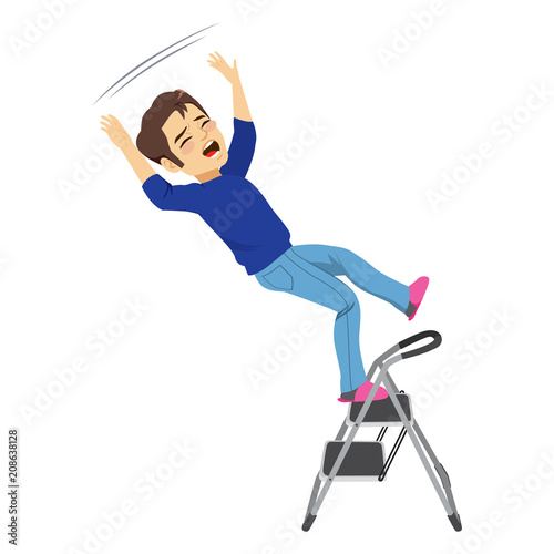 Young man falling from ladder having an accident