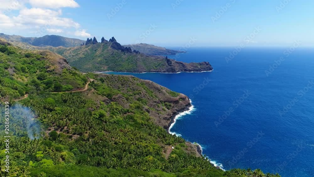 Aerial panoramic view of Aakapa bay on Nuku Hiva island - South Pacific Ocean, Marquesas Islands, landscape of French Polynesia from above, 4k Aerial panoramic view of Aakapa bay on Nuku Hiva island - South Pacific Ocean, Marquesas Islands, landscape of French Polynesia from above, 4k