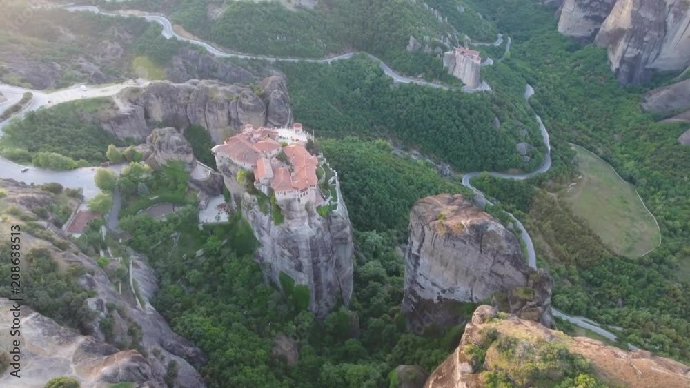 Drone view of Varlaam & Roussanou Monasteries & Meteora rocks in Greece Drone view of Varlaam & Roussanou Monasteries & Meteora rocks in Greece