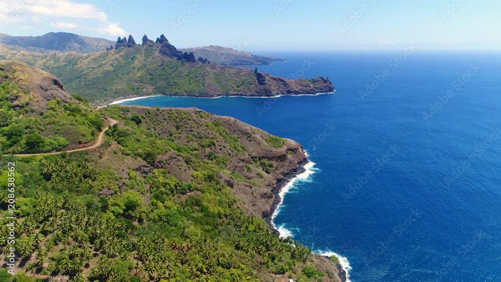 Aerial panoramic view of Aakapa bay on Nuku Hiva island - South Pacific Ocean, Marquesas Islands, landscape of French Polynesia from above, 4k Aerial panoramic view of Aakapa bay on Nuku Hiva island - South Pacific Ocean, Marquesas Islands, landscape of French Polynesia from above, 4k