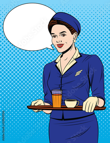 Vector colorful comic pop art style illustration of a beautiful waitress with a tray of drinks. Vintage postcard with young girl in in uniform serving passengers