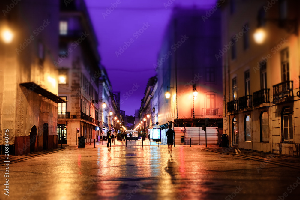 night city life: car and street lamps. Retro style blurred background